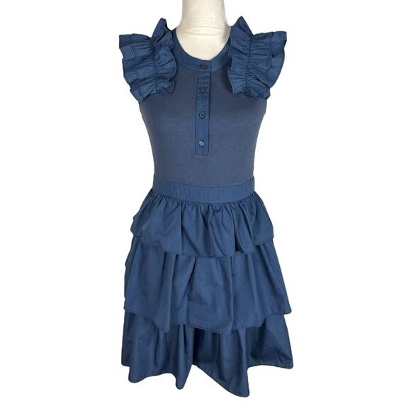 The Shirt Rochelle Behrens Blue Tiered Ruffle Dress Sleeveless Size Small - Picture 2 of 8